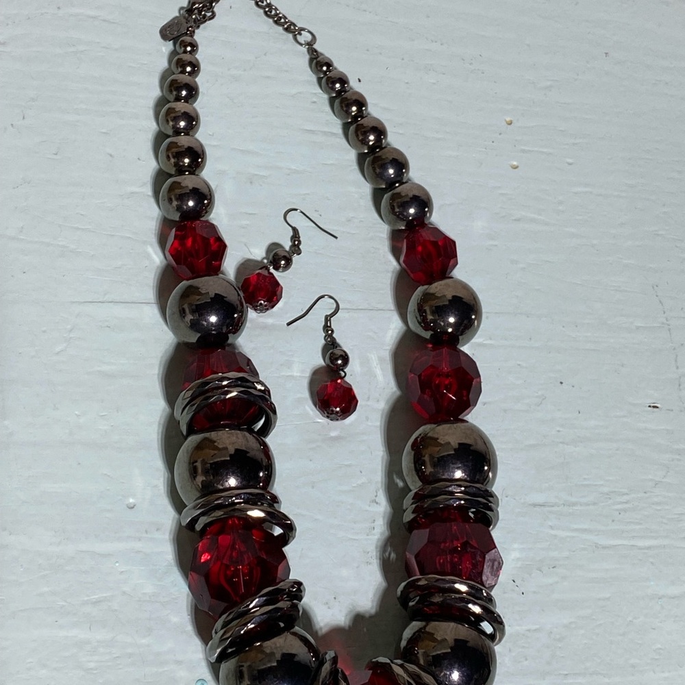 Elegant Red and Silver Beaded Necklace and Earring Set